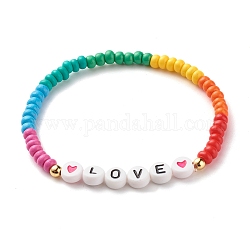 Mot amour bracelets extensibles, laiton et acrylique opaque et peinture au four bracelets de perles de rocaille de verre, colorées, 0.4~0.7 cm, diamètre intérieur: 2-1/4 pouce (5.7 cm)