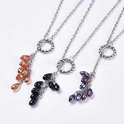 Iron Cable Chains Lariat Necklaces, with Electroplate Glass Pendants, Tibetan Style Pendants, Platinum, Mixed Color, 18.1 inch