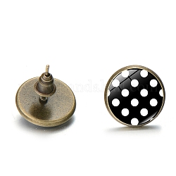 Orecchini a bottone in lega con dadi, orecchini a bottone da donna rotondi e piatti in vetro a pois, nero, 12mm