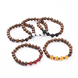 Unisex Wood Beads Stretch Bracelets, with Gemstone Beads, Non-Magnetic Synthetic Hematite Beads, 2-3/8 inch(5.9cm)