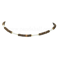 Natural Shell & Pearl & Coconut Disc Beaded Necklaces, with Synthetic Hematite Beads, Coconut Brown, 13.98 inch(35.5cm)