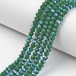 Electroplate opaco colore solido perle di vetro fili, mezzo arcobaleno placcato, sfaccettato, rondelle, verde, 8x6mm, Foro: 1 mm, circa 65~68pcs/filo, 15.7~16.1 pollice (40~41 cm)