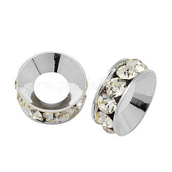 Perline distanziatori strass in ottone, grado a, rondelle, colore argento placcato, cirstallo, 14x5.5mm, Foro: 7.8 mm