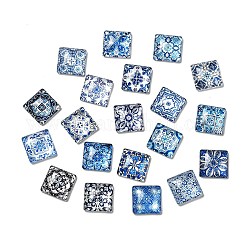 Glas cabochons, Quadrat mit Blumenmuster, Mischfarbe, 15x15x5 mm, 20 Stück / Beutel.