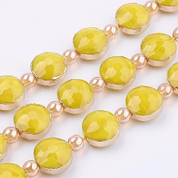 Chapelets de perles en verre opaques, avec les accessoires en laiton, facette, plat rond, or, or, 14x9mm, Trou: 1mm, Environ 10 pcs/chapelet, 7.4 pouce (19 cm)