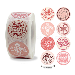 8 stili adesivi per etichette regalo in carta kraft autoadesiva, etichette adesive, tondo piatto con motivi misti, roso, 25mm, su 500pcs / rotolo