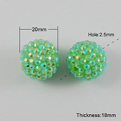 Farbe ab stämmigen Rundrhinestone Harz Kaugummi Kugel Perlen, hellgrün, 20x18 mm, Bohrung: ca. 2.5 mm