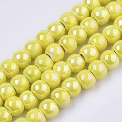 Perles de porcelaine plaquées, porcelaine émaillée lumineuse faite main, de couleur plaquée ab , ronde, jaune, 7x6mm, Trou: 2.5mm, 26.38''~27.16'' (67~69cm), Environ 120~121pcs / strand