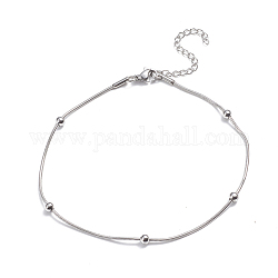 304 Stainless Steel Round Snake Chain Anklets, with Round Beads and Lobster Claw Clasps, Stainless Steel Color, 9-1/2 inch(24cm)