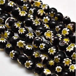 Chapelets de perles rondes de millefiori en verre, noir, 7.6~8mm, Trou: 1mm, Environ 48 pcs/chapelet, 14.9 pouce