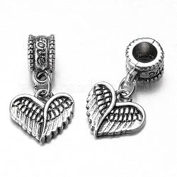 Ciondoli pendenti europei in lega di stile tibetano, cuore con ala, argento antico, 23x13x7mm, Foro: 5 mm