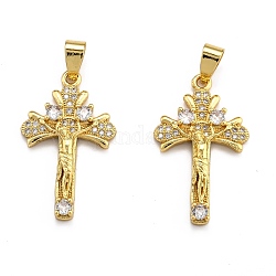 Brass Micro Pave Clear Cubic Zirconia Pendants, Long-Lasting Plated, Cross, Real 18K Gold Plated, 30x18x4.5mm, Hole: 3.5x5.5mm