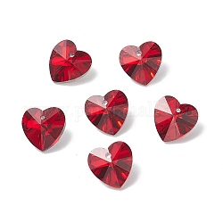 Граненый стеклянный шарм, сердце, с покрытием на задной стороне, красные, 14x14x7.5 мм, отверстие : 1.4 мм
