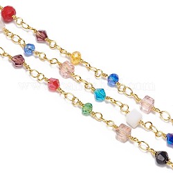 Chaînes de perles de verre faites à la main de 3.28 pied, non soudée, avec les accessoires en laiton, facette, formes mixtes, or, couleur mixte, 4~6x3~5mm