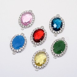 Platinum Plated Brass Faceted Glass Oval Links, with Micro Pave Cubic Zirconia, Mixed Color, 29x18x6mm, Hole: 1mm
