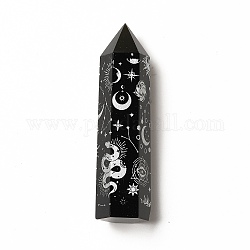Point Tower Natural Obsidian Home Display Decoration, Healing Stone Wands, for Reiki Chakra Meditation Therapy Decos, Hexagon Prism with Moon Sun Snake Pattern, White, 20~22x23~25x80~90mm