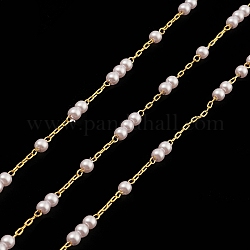 Catene con perle naturali, con accessori di ottone, senza saldatura, con la bobina, vero placcato oro 18k, 2.5x1x0.2mm, perline: 3 mm