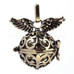Подвески из латуни, для ожерелья, полый круглый с крылом, античная бронза, 30x31x21 мм, отверстие : 3.5x8 мм, внутренней меры: 19 мм