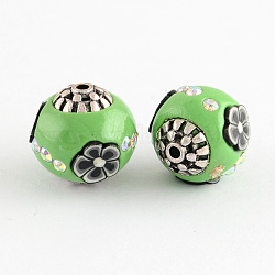 Round Handmade Indonesia Beads, with AB Color Rhinestones, Polymer Clay Flower and Alloy Cores, Antique Silver, DarkSea Green, 15x14mm, Hole: 1.5mm