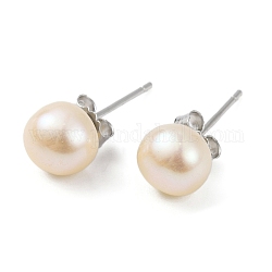 Aretes de perlas redondas naturales, con accesorios de plata esterlina chapados en platino real 925, almendra blanqueada, 16x6~7mm