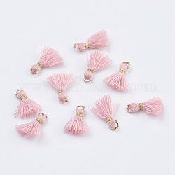 Nylon Tassels Pendant Decorations, Mini Tassel, with Golden Tone Iron Findings, Pink, 10.5~14.5x2.5~3mm, Hole: 2mm
