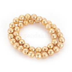 Electroplated Non-magnetic Synthetic Hematite Beads Strands, Frosted, Faceted, Round, Golden Plated, 8mm, Hole: 1.4mm, about 52pcs/strand, 15.74 inch(40cm)