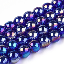 Electroplate Transparent Glass Beads Strands, AB Color Plated, Round, Dark Blue, 8~8.5mm, Hole: 1.5mm, about 51~53pcs/strand, 14.96 inch~15.55 inch(38~39.7cm)