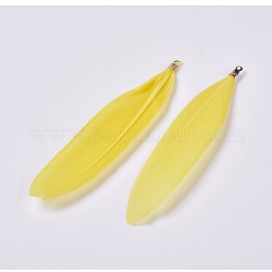 Goose Feather Big Pendants, with Iron Fold Over Cord Ends, Yellow, 86x17x3mm, Hole: 1mm