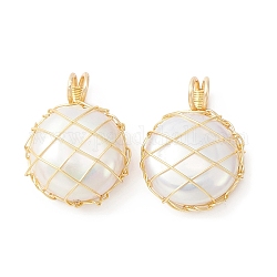 Ciondoli di perle keshi con perle barocche naturali, ciondoli rotondi piatti con filo di rame ecologico avvolto, oro, 19~19.5x14.5~15x6~6.5mm, Foro: 3 mm