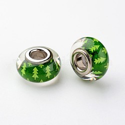 Large Hole Rondelle Resin European Beads, with Platinum Tone Brass Double Cores, Christmas, Green, 14x8mm, Hole: 5mm