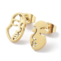 304 Stainless Steel Abstract Face Asymmetrical Earrings, Hollow Stud Earrings, Golden, 11.5x7.5mm