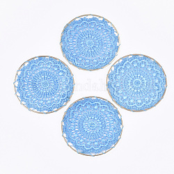 Anhänger aus Polycotton (Polyester-Baumwolle), mit Messing-Zubehör, flach rund mit Blume, Licht Gold, Deep-Sky-blau, 50x1 mm