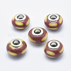 Handgemachte  europäischen Fimo-Perlen, mit versilberten Messingkernen, Großloch perlen, Rondelle mit Punktmuster, Sattelbraun, 13~16x8~11 mm, Bohrung: 4.5~5 mm
