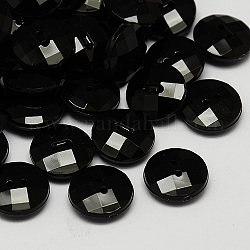 Bouton acrylique de Taiwan, nacré, facette, 2-trou, plat rond, noir, 15x5mm, Trou: 1mm