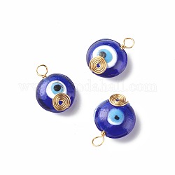 Handmade Lampwork Pendants, with Copper Wire Wrapped, Flat Round with Evil Eye, Blue, 20.5x16x8.5mm, Hole: 3.2mm
