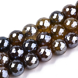 Electroplate cuentas de ágata natural de hebras, teñido, facetados, lustre de la perla chapado, redondo, Perú, 10.5mm, agujero: 1.2 mm, aproximamente 36~37 pcs / cadena, 14.37 pulgada ~ 14.57 pulgadas (36.5 cm ~ 37 cm)
