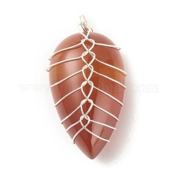 Natural Carnelian Pendants, with Silver Tone Eco-Friendly Copper Wire Wrapped, Teardrop, 32~33x15~17.5x8~9mm, Hole: 3.2~3.4mm