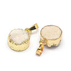 Plat rond teint Druzy naturel pendentifs en agate, pierre taillée druzy, avec les accessoires en laiton plaqués or, blé, 17x14x8~11mm, Trou: 5x8mm