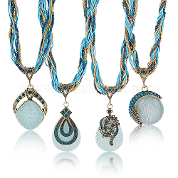 ANATTASOUL 4Pcs 4 Style Flat Round & Teardrop & Rhombus Resin Pendant Necklace Sets with Rhinestone, Bohemian Acrylic & Glass Beaded Stackable Necklaces for Women, Cyan, 17.52~19.29 inch(44.5~49cm), 1Pc/style