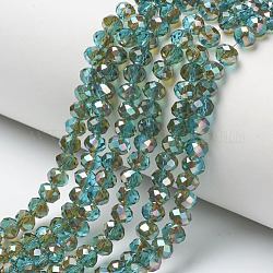 Chapelets de perles en verre électroplaqué, demi-plaqué, arc-en-ciel plaqué, facette, rondelle, turquoise moyen, 4x3mm, Trou: 0.4mm, Environ 123~127 pcs/chapelet, 16.5~16.9 pouce (42~43 cm)