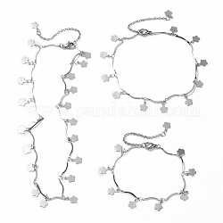 Flower Charms 304 Stainless Steel Bar Chain Jewelry Sets, Necklaces & Anklets & Bracelets, with Alloy Lobster Claw Clasps and Chain Extender, Stainless Steel Color, 15-1/4 inch(38.7cm), 8-7/8 inch(22.6cm), 6-7/8 inch(17.4cm), 3pcs/set