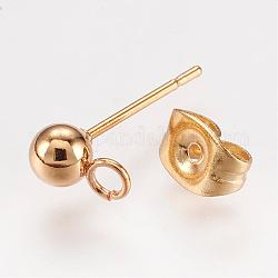 304 Stainless Steel Stud Earring Findings, with Loop and Ear Nut/Earring Backs, Real 24K Gold Plated, 15x7mm, Hole: 1.7mm, Ball: 4mm, Pin: 0.8mm