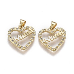 Brass Micro Pave Clear Cubic Zirconia Pendants, with Snap on Bails, for Mother's Day, Long-Lasting Plated, Heart with Word Mama, Real 18K Gold Plated, 17x16.5x2mm, Hole: 5mm