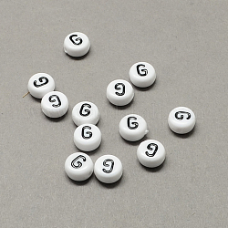 Perline con lettere a foro orizzontale in acrilico bianco e nero, rotonda e piatta con letter.g, 7x4mm, Foro: 1.3 mm, circa 3600pcs/500g