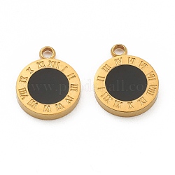 Брелоки из нержавеющей стали Fashion 304 с эмалью, плоский круглый с черными римскими цифрами, золотые, 14x11x2 мм, отверстие : 1.8 мм