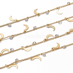 3.28 Feet Handmade Brass Curb Chains, with Cubic Zirconia Charms, Long-lasting Plated, Soldered, Diamond Shapes & Moon, Golden, Link: 2x1.5x0.3mm, Diamond Shapes: 4x2mm, Moon: 11.5x5.5mm