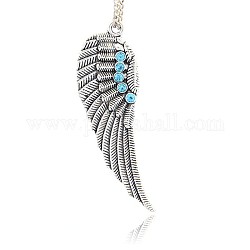Antique Silver Plated Alloy Wing Big Pendants, with Rhinestones, Aquamarine, 52x17x2mm, Hole: 2mm