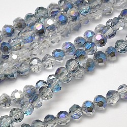 Brins de perles de verre galvanisées à facettes (32 facettes) rondes demi-arc-en-ciel, bleu royal, 4mm, Trou: 1mm, Environ 100 pcs/chapelet, 14.9 pouce