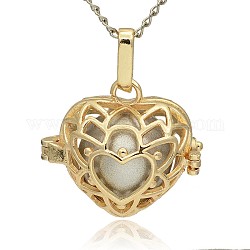 Golden Tone Brass Hollow Heart Cage Pendants, with No Hole Spray Painted Brass Round Beads, Silver, 24x26x18mm, Hole: 3x8mm