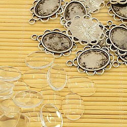 Création de pendentif bricolage, anciennes zinc en argent en alliage supports cabochon et cabochons ovales de verre transparent, sans plomb et sans cadmium, pendentif: 29x20x2 mm, Trou: 2mm, verre: 13x18 mm
